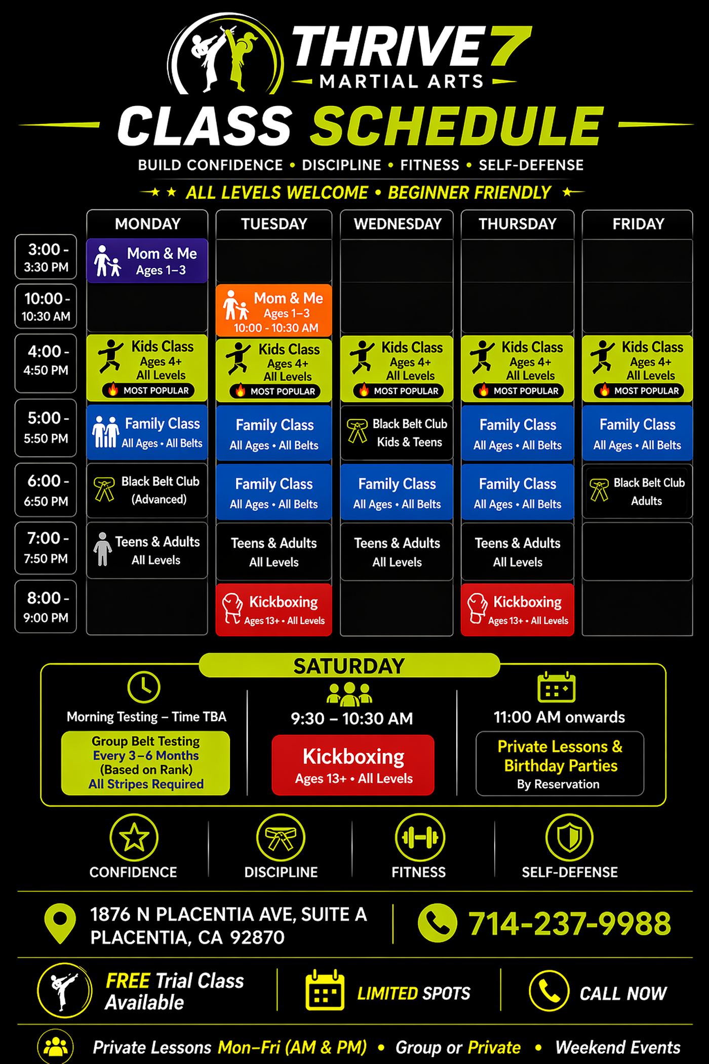 Martial arts class schedule in Placentia CA for kids, teens and adults including Taekwondo and Kickboxing classes at Thrive7 Martial Arts